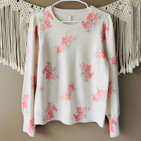 Rebecca Taylor Maia Floral Rose 100% wool cream crew neck Sweater pullover B - Picture 1 of 9